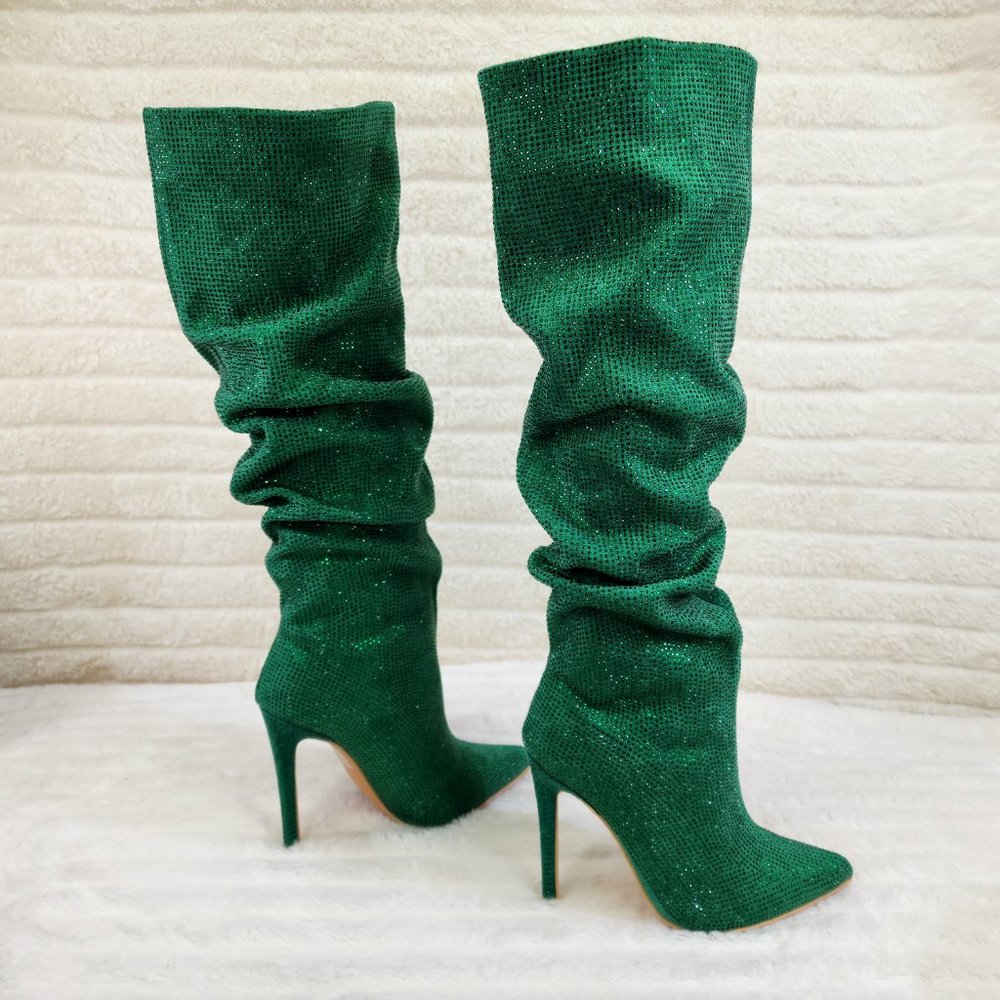 Radiant Emerald Green Rhinestone High Heel Slouch Knee High Boots